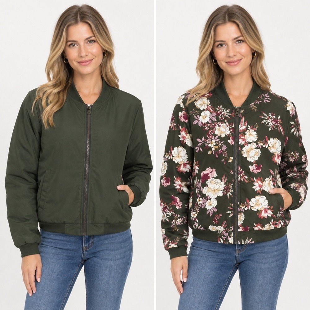 Boho Chic Edgy Reversible Floral Bomber Jacket Olive Green Full Zip Lightweight